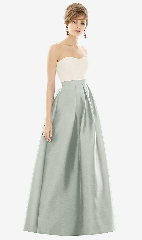Front View - Willow Green & Ivory Strapless Pleated Skirt Maxi Dress with Pockets