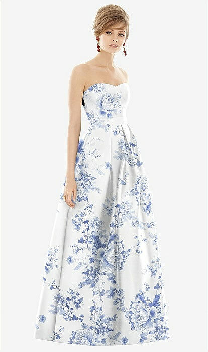 Strapless Pleated Skirt Floral Satin Maxi Bridesmaid Dress