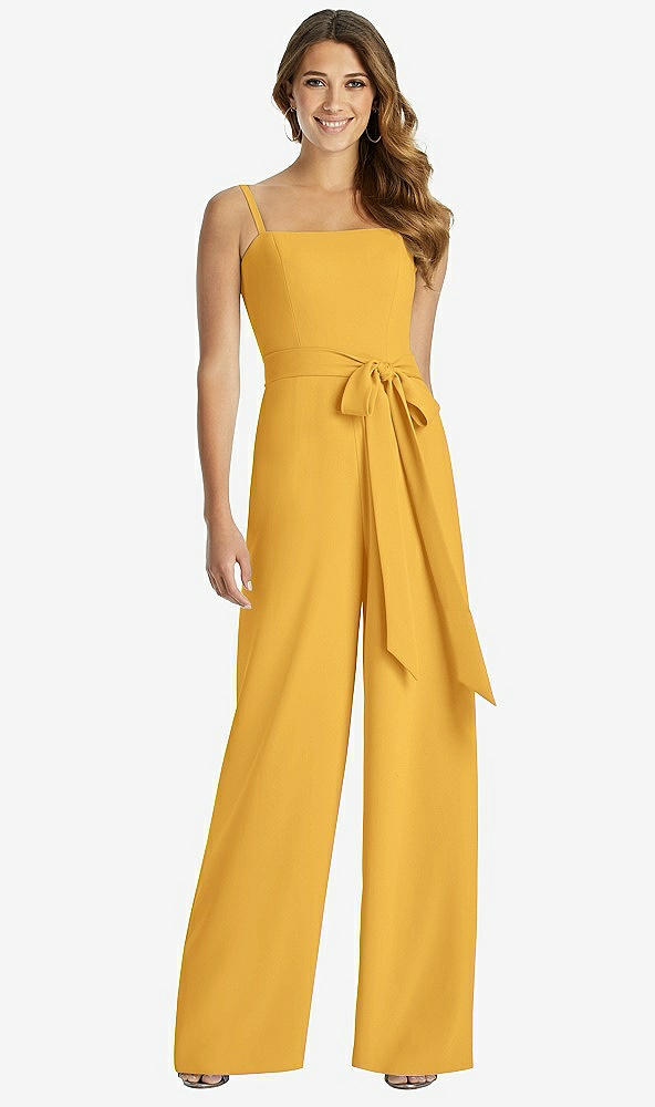 Front View - NYC Yellow Spaghetti Strap Crepe Jumpsuit with Sash - Alana 