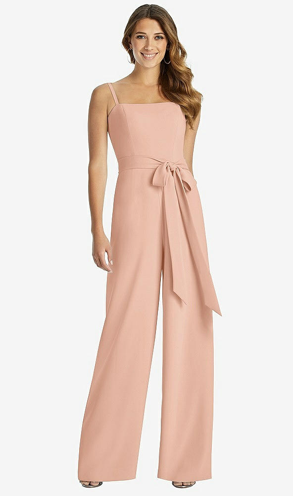 Front View - Pale Peach Spaghetti Strap Crepe Jumpsuit with Sash - Alana 