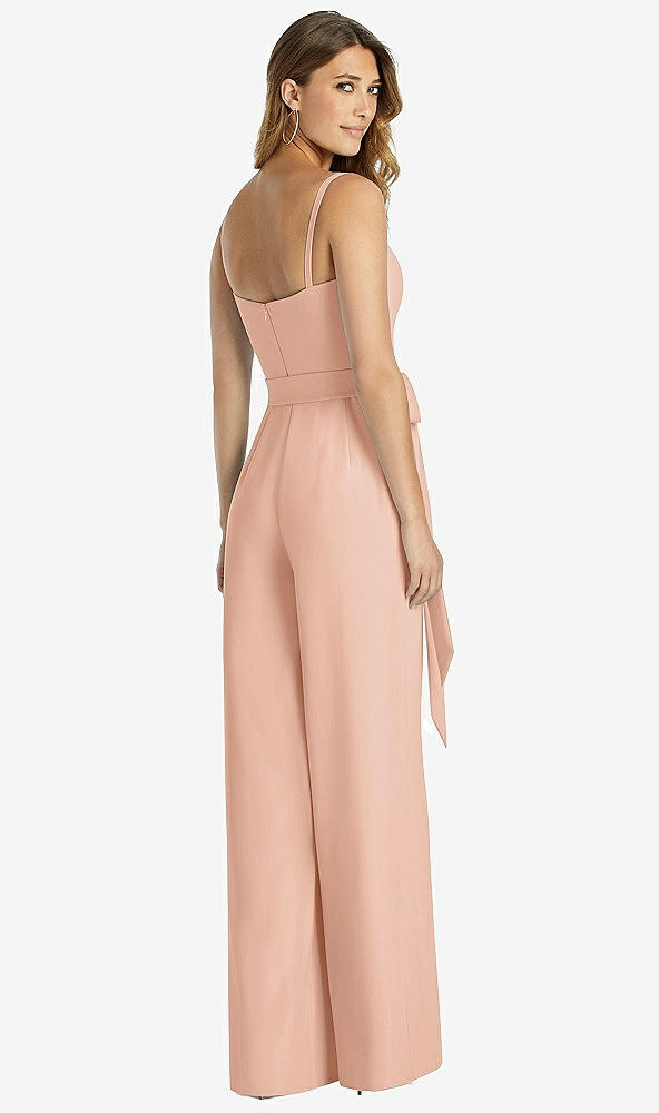 Back View - Pale Peach Spaghetti Strap Crepe Jumpsuit with Sash - Alana 