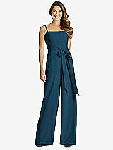 Front View Thumbnail - Atlantic Blue Spaghetti Strap Crepe Jumpsuit with Sash - Alana 