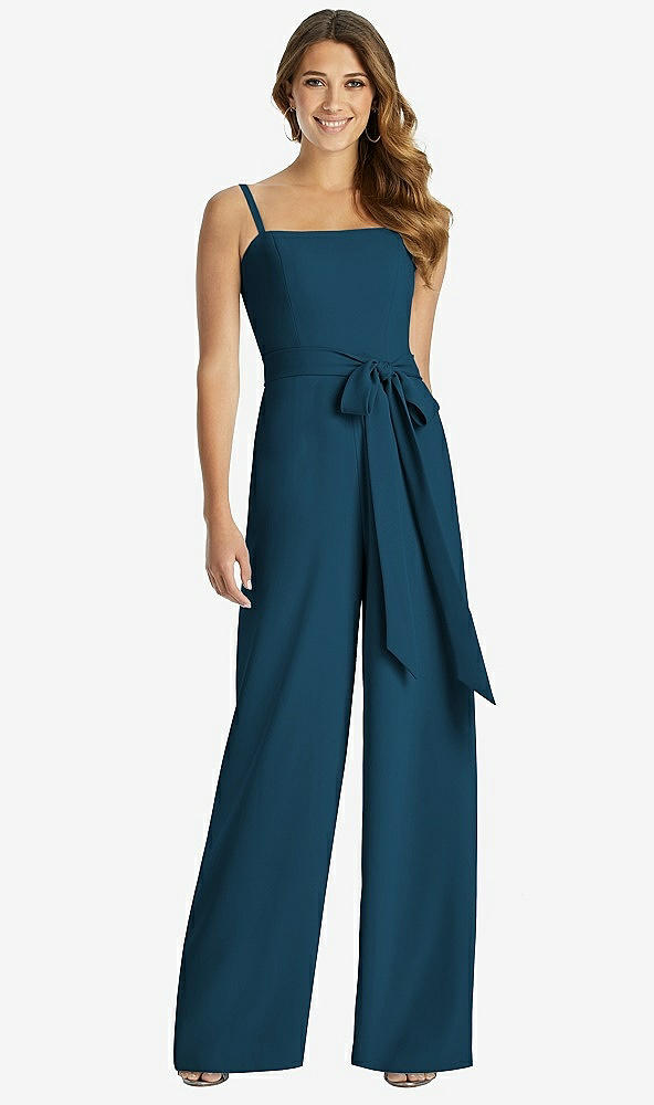 Front View - Atlantic Blue Spaghetti Strap Crepe Jumpsuit with Sash - Alana 