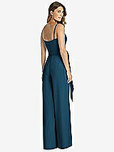 Rear View Thumbnail - Atlantic Blue Spaghetti Strap Crepe Jumpsuit with Sash - Alana 