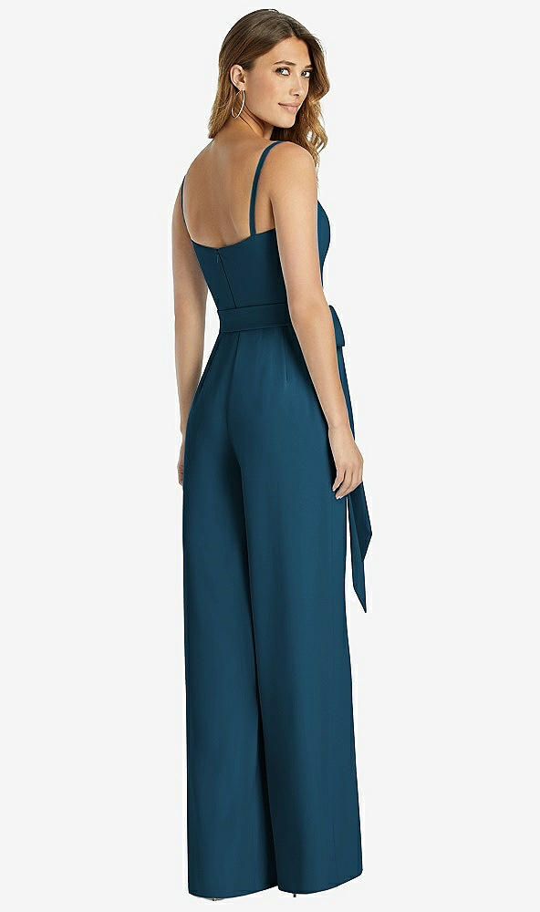 Back View - Atlantic Blue Spaghetti Strap Crepe Jumpsuit with Sash - Alana 