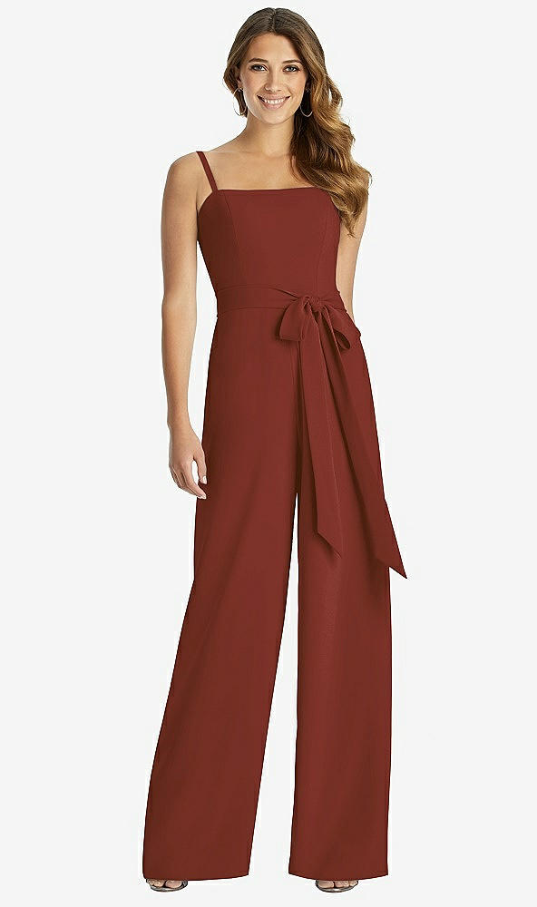 Front View - Auburn Moon Spaghetti Strap Crepe Jumpsuit with Sash - Alana 