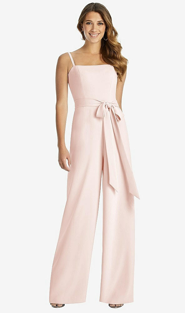 Front View - Blush Spaghetti Strap Crepe Jumpsuit with Sash - Alana 