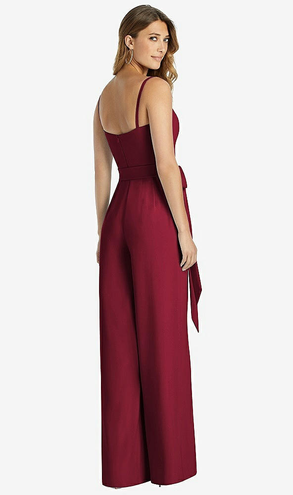Back View - Burgundy Spaghetti Strap Crepe Jumpsuit with Sash - Alana 
