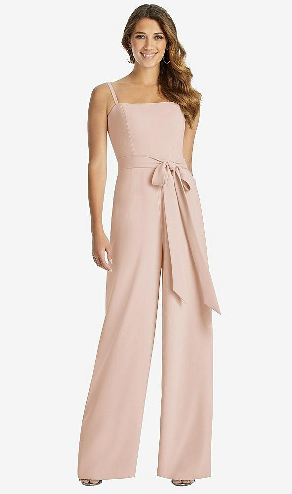 Front View - Cameo Spaghetti Strap Crepe Jumpsuit with Sash - Alana 