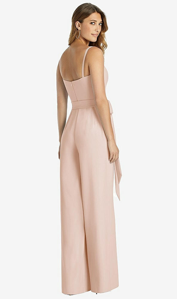 Back View - Cameo Spaghetti Strap Crepe Jumpsuit with Sash - Alana 