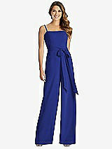 Front View Thumbnail - Cobalt Blue Spaghetti Strap Crepe Jumpsuit with Sash - Alana 
