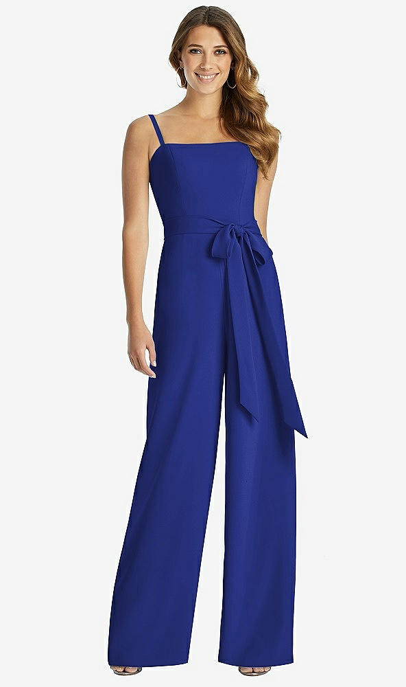 Front View - Cobalt Blue Spaghetti Strap Crepe Jumpsuit with Sash - Alana 