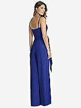 Rear View Thumbnail - Cobalt Blue Spaghetti Strap Crepe Jumpsuit with Sash - Alana 