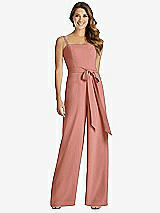 Front View Thumbnail - Desert Rose Spaghetti Strap Crepe Jumpsuit with Sash - Alana 