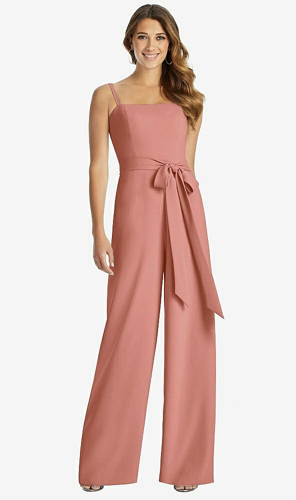 Front View - Desert Rose Spaghetti Strap Crepe Jumpsuit with Sash - Alana 