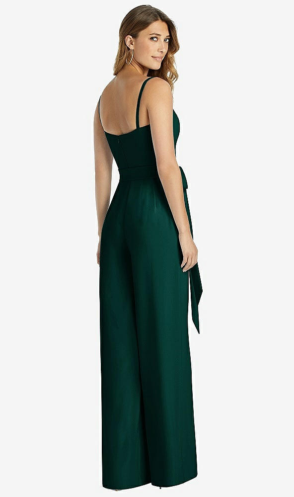 Back View - Evergreen Spaghetti Strap Crepe Jumpsuit with Sash - Alana 