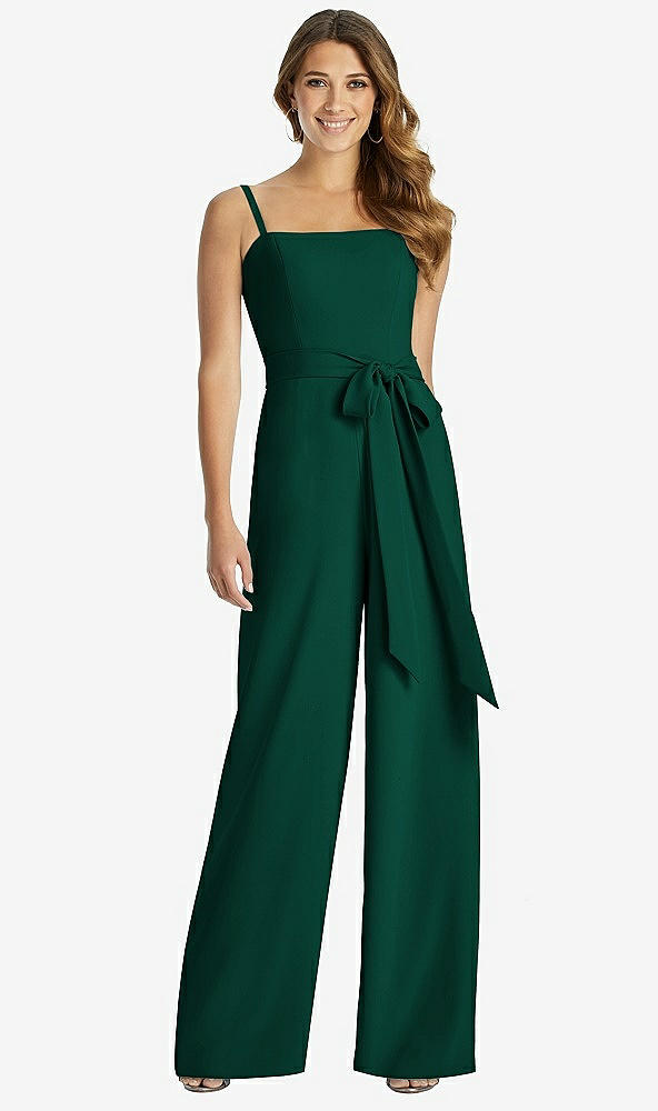 Front View - Hunter Green Spaghetti Strap Crepe Jumpsuit with Sash - Alana 