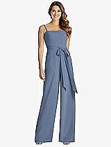 Front View Thumbnail - Larkspur Blue Spaghetti Strap Crepe Jumpsuit with Sash - Alana 