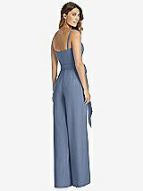 Rear View Thumbnail - Larkspur Blue Spaghetti Strap Crepe Jumpsuit with Sash - Alana 