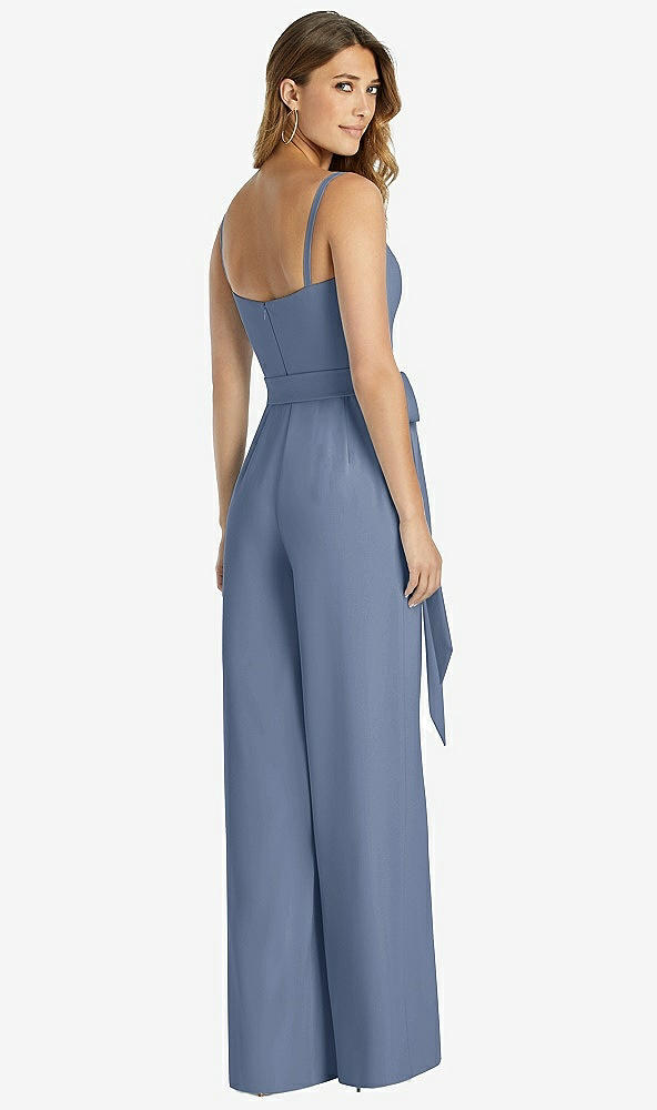 Back View - Larkspur Blue Spaghetti Strap Crepe Jumpsuit with Sash - Alana 