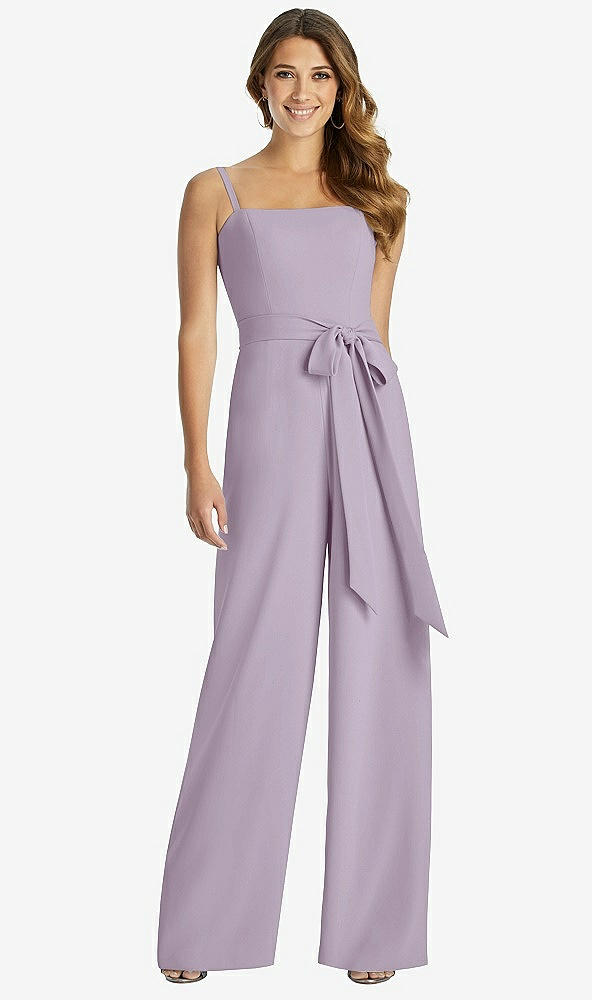 Front View - Lilac Haze Spaghetti Strap Crepe Jumpsuit with Sash - Alana 