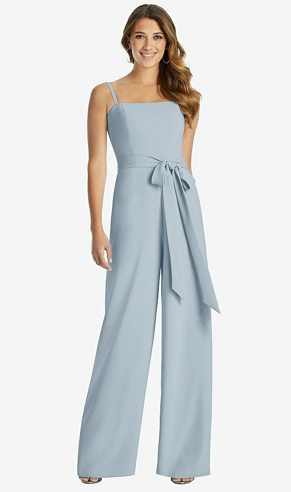 Front View - Mist Spaghetti Strap Crepe Jumpsuit with Sash - Alana 