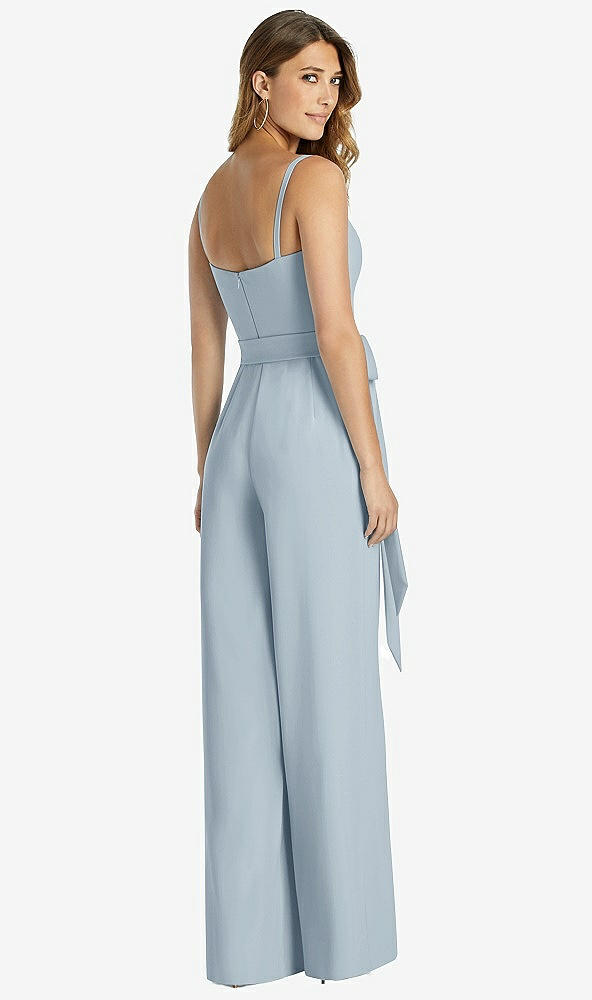Back View - Mist Spaghetti Strap Crepe Jumpsuit with Sash - Alana 