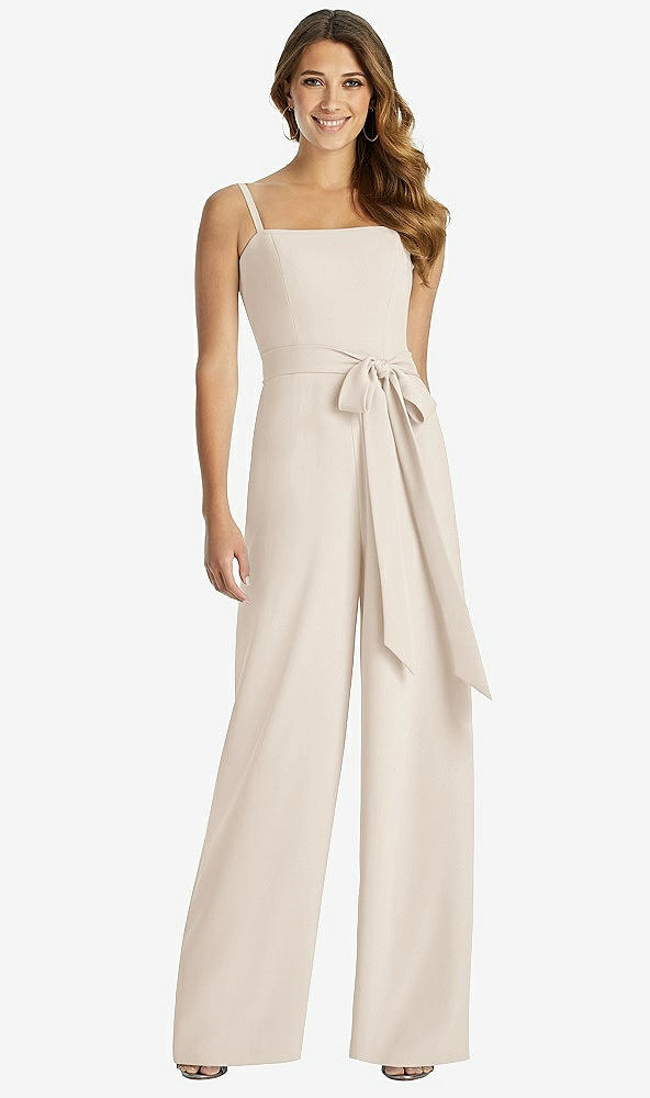 Front View - Oat Spaghetti Strap Crepe Jumpsuit with Sash - Alana 