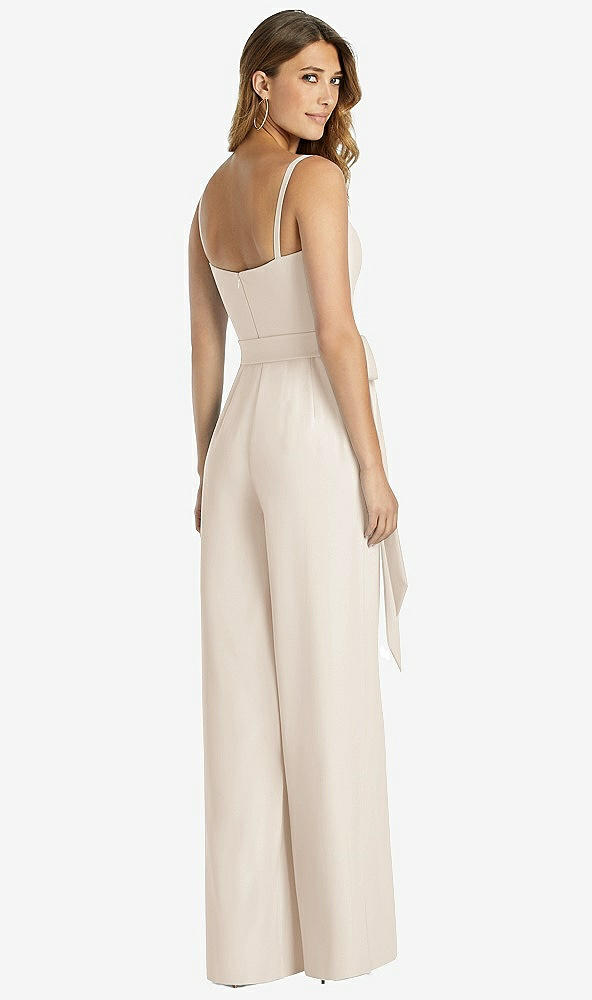 Back View - Oat Spaghetti Strap Crepe Jumpsuit with Sash - Alana 