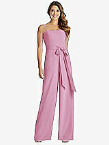 Front View Thumbnail - Powder Pink Spaghetti Strap Crepe Jumpsuit with Sash - Alana 