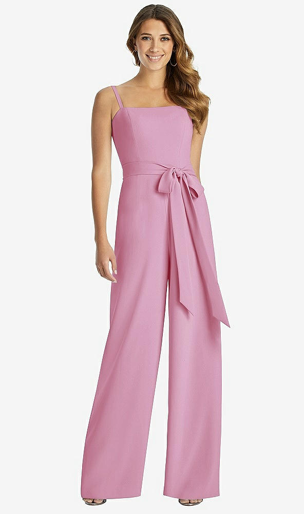 Front View - Powder Pink Spaghetti Strap Crepe Jumpsuit with Sash - Alana 
