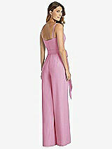Rear View Thumbnail - Powder Pink Spaghetti Strap Crepe Jumpsuit with Sash - Alana 
