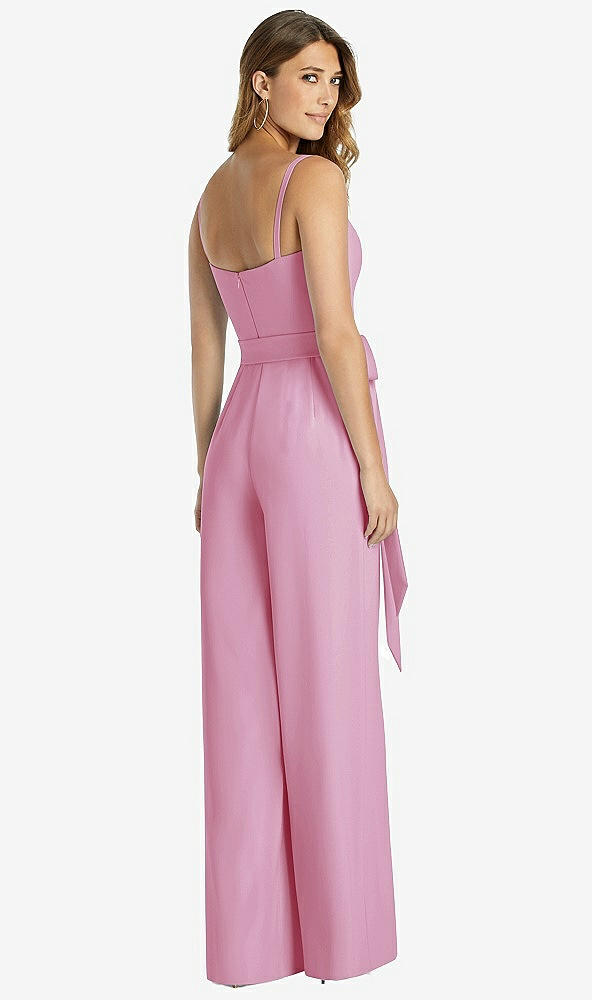 Back View - Powder Pink Spaghetti Strap Crepe Jumpsuit with Sash - Alana 
