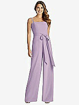 Front View Thumbnail - Pale Purple Spaghetti Strap Crepe Jumpsuit with Sash - Alana 
