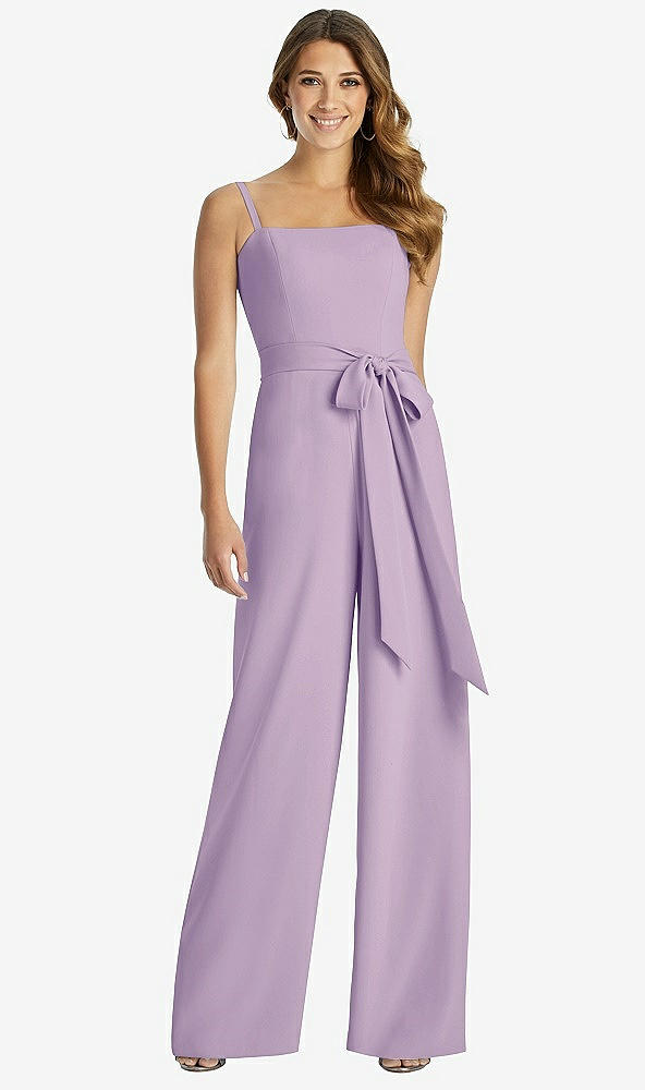 Front View - Pale Purple Spaghetti Strap Crepe Jumpsuit with Sash - Alana 