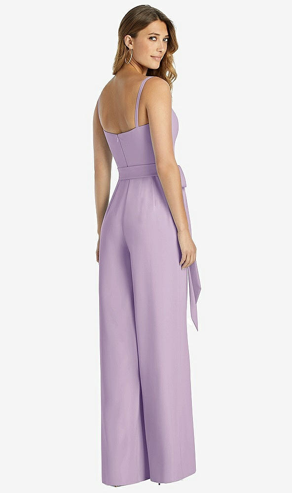 Back View - Pale Purple Spaghetti Strap Crepe Jumpsuit with Sash - Alana 