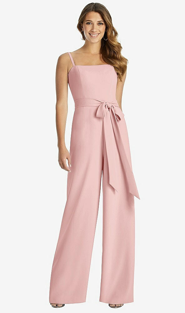 Front View - Rose Spaghetti Strap Crepe Jumpsuit with Sash - Alana 