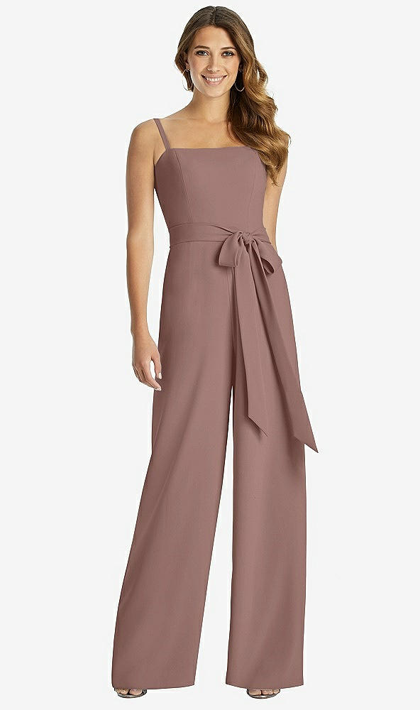 Front View - Sienna Spaghetti Strap Crepe Jumpsuit with Sash - Alana 