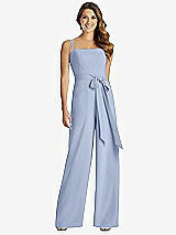 Front View Thumbnail - Sky Blue Spaghetti Strap Crepe Jumpsuit with Sash - Alana 