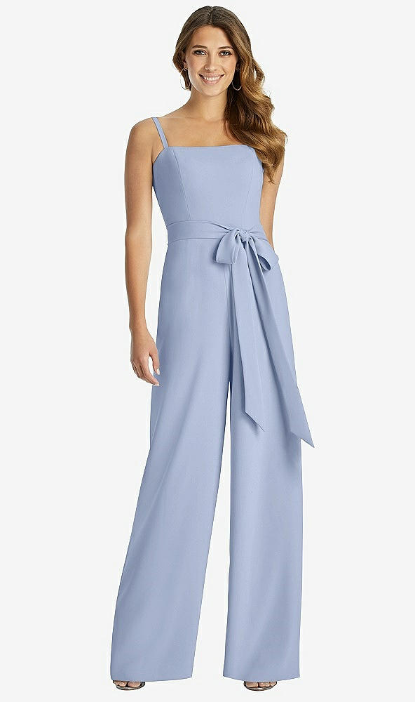 Front View - Sky Blue Spaghetti Strap Crepe Jumpsuit with Sash - Alana 