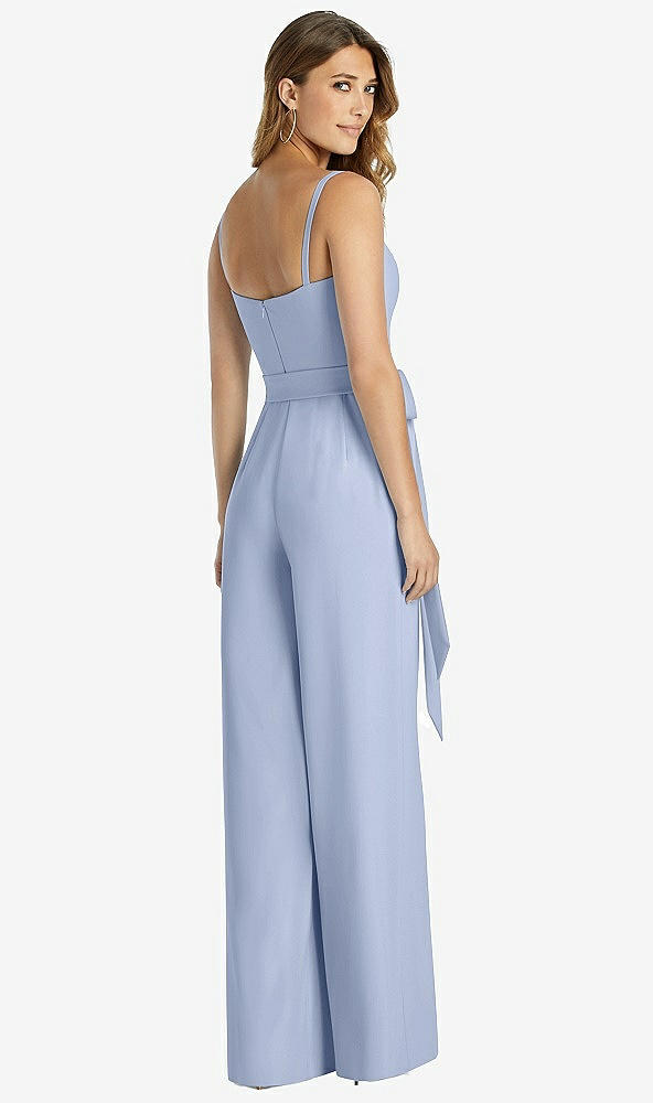 Back View - Sky Blue Spaghetti Strap Crepe Jumpsuit with Sash - Alana 