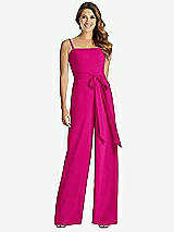 Front View Thumbnail - Think Pink Spaghetti Strap Crepe Jumpsuit with Sash - Alana 
