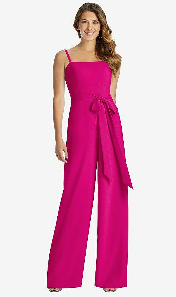 Front View - Think Pink Spaghetti Strap Crepe Jumpsuit with Sash - Alana 