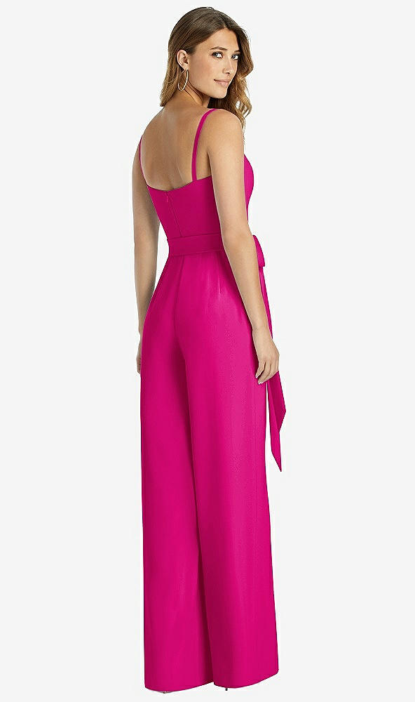 Back View - Think Pink Spaghetti Strap Crepe Jumpsuit with Sash - Alana 