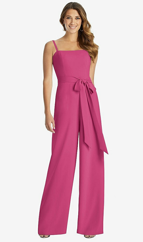Front View - Tea Rose Spaghetti Strap Crepe Jumpsuit with Sash - Alana 