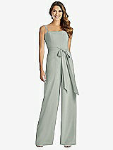 Front View Thumbnail - Willow Green Spaghetti Strap Crepe Jumpsuit with Sash - Alana 
