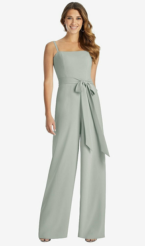 Front View - Willow Green Spaghetti Strap Crepe Jumpsuit with Sash - Alana 