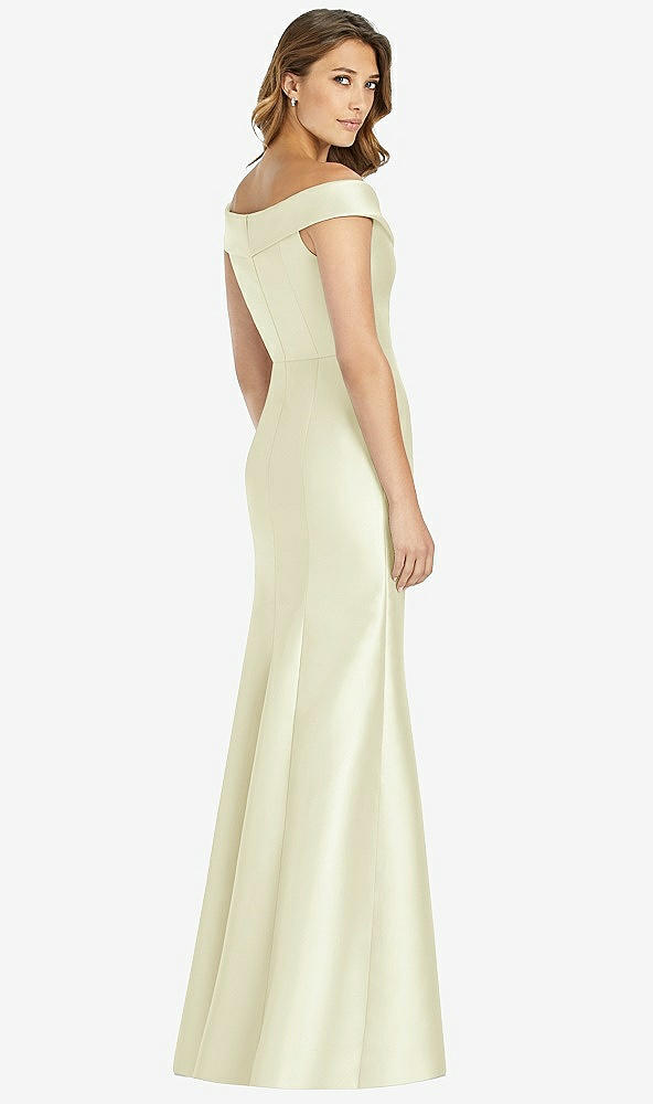 Back View - Butter Yellow Off-the-Shoulder Cuff Trumpet Gown with Front Slit