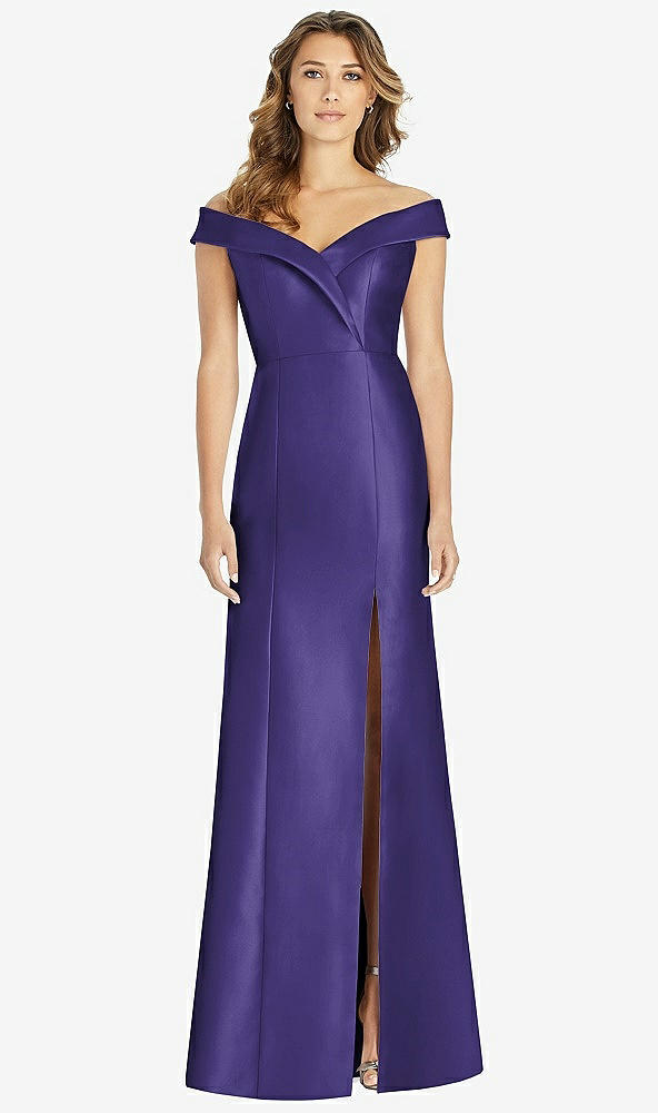 Front View - Grape Off-the-Shoulder Cuff Trumpet Gown with Front Slit