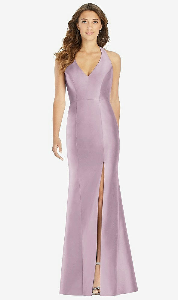 Front View - Suede Rose V-Neck Halter Satin Trumpet Gown